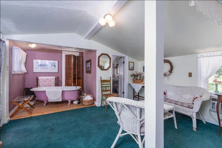 The open bathing area features a clawfoot tub. The bathroom has a shower as well